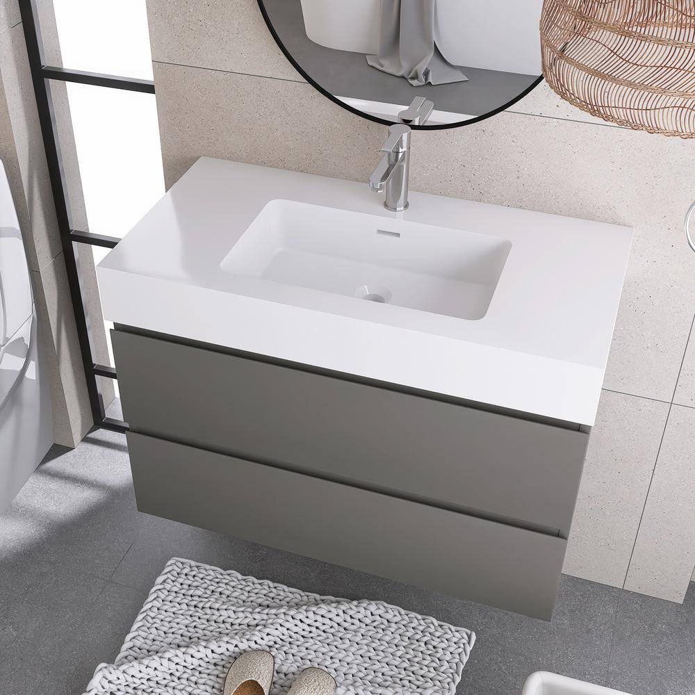 Grey Wall-Mounted Bathroom Vanity with White Resin Sink, 36"