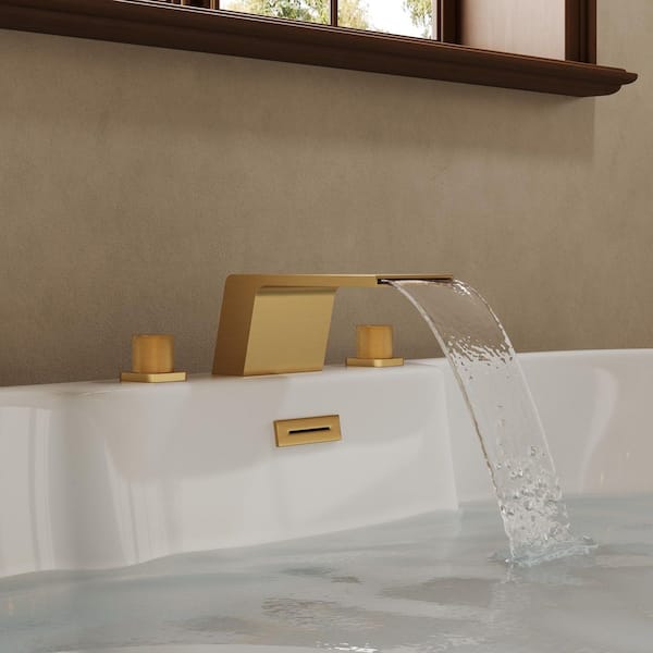 SerenityStream Widespread Double Handle Deck Mounted Roman Tub Faucet Waterfall Bathtub Faucet 5. 5 GPM in Brushed Gold