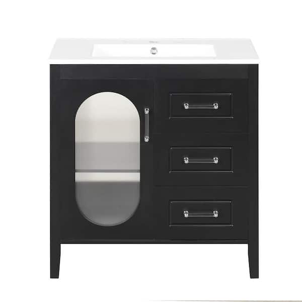 Ziyudura 30 in. Single Sink Freestanding Black Bath Vanity with White Ceramic Top, Adjustable Shelf and 2 Drawers