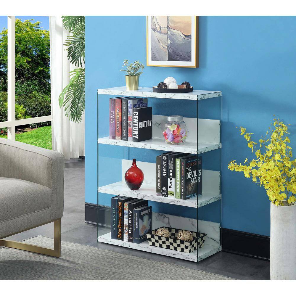 Elegant SoHo 4-Tier White Faux Marble and Glass Bookcase