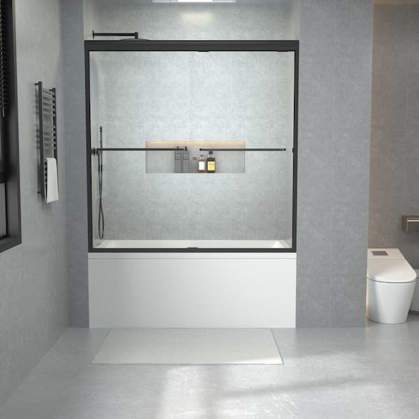 60 in. W x 56 in. H Sliding Semi Frameless Tub Door in Matte Black with 1/4 in. (6 mm) Clear Glass