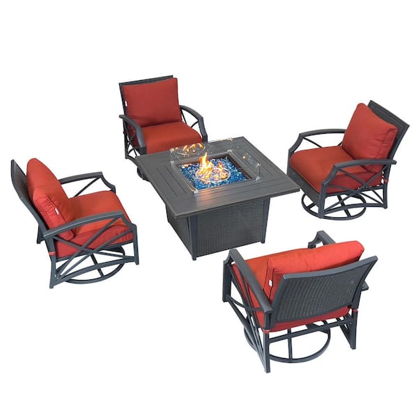 Kinger Home Ethan Grey 5-Piece Propane Patio Fire Pit Set with an Aluminum Frame, Wicker Chairs, and Red Cushions