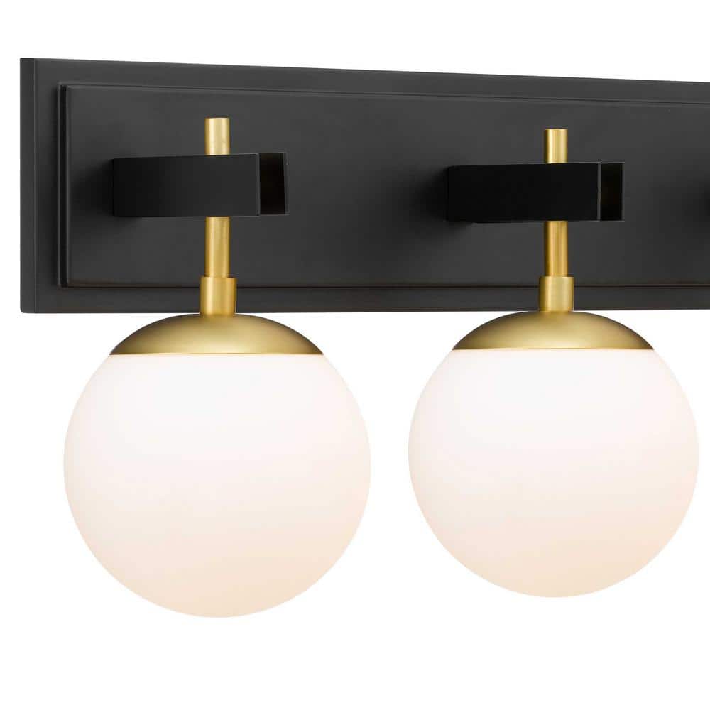 Black and Brass 4-Light Vanity Light with White Glass Orbs