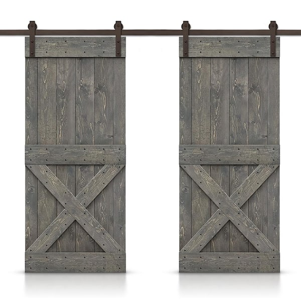 CALHOME 76 in. x 84 in. Mini X Series Weather Gray Stained Solid Pine Wood Interior Double Sliding Barn Door with Hardware Kit