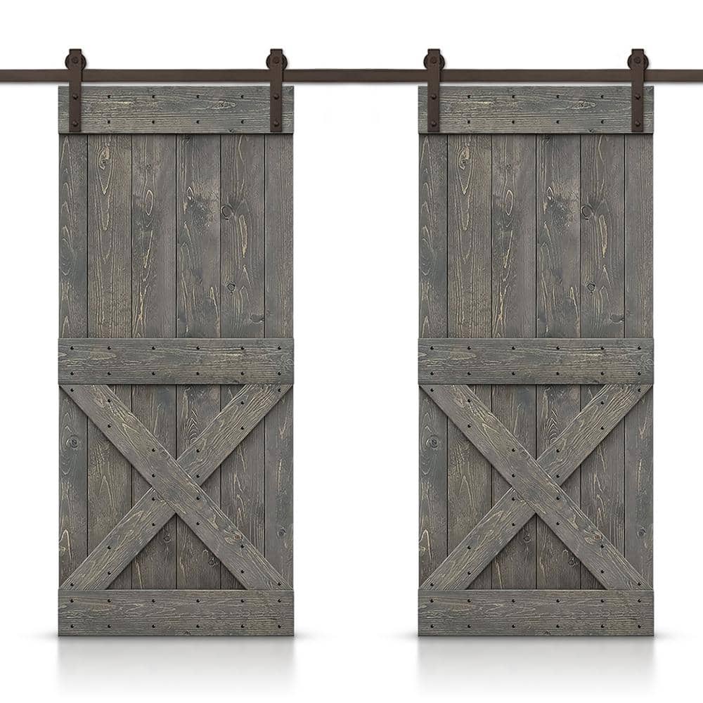 84 in. x 84 in. Mini X Series Weather Gray Stained Solid Pine Wood Interior Double Sliding Barn Door with Hardware Kit price history on PriceWatchPro
