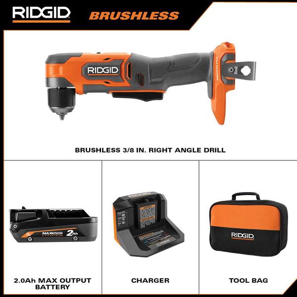 Ridgid 18V Brushless Cordless 3/8 in. Subcompact Right Angle Drill Kit with 2.0 Ah Max Output Battery and Charger R87701KN