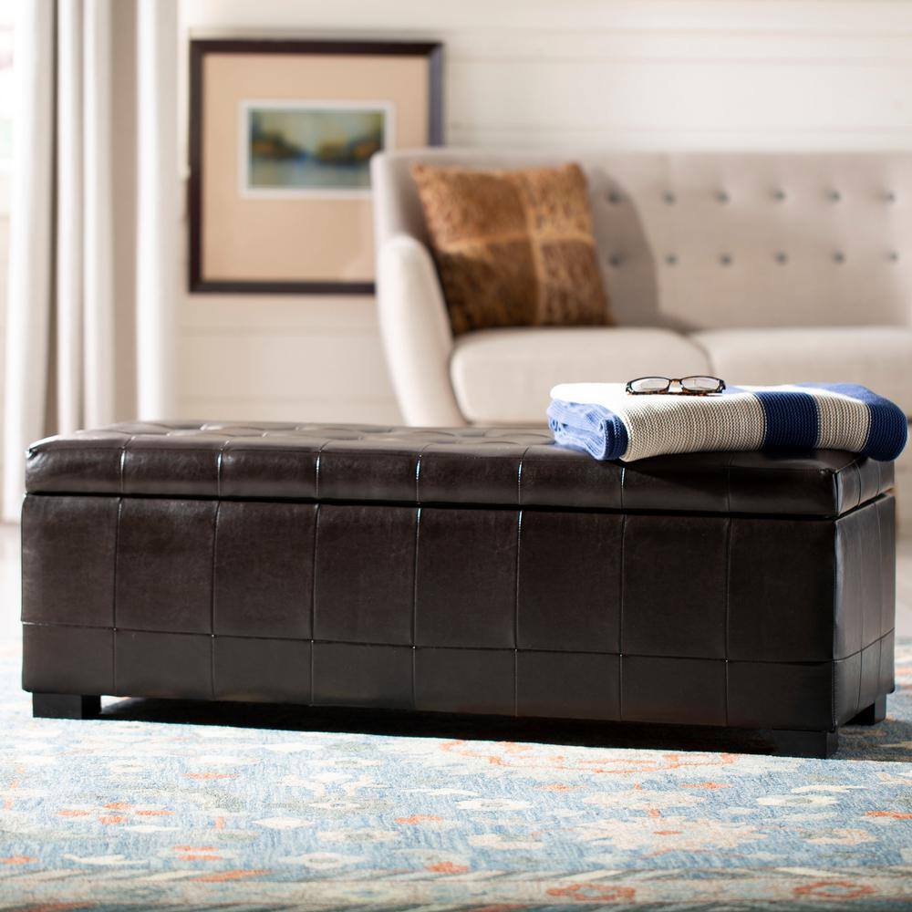 Large Brown Leather Storage Bench with Button Tufts
