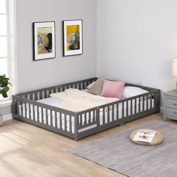 Gray Queen Solid Wood Platform Bed Frame with Fence and Door