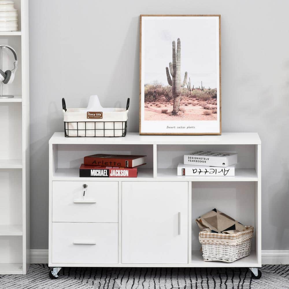 White Mobile Office Cabinet with Drawers and Shelves