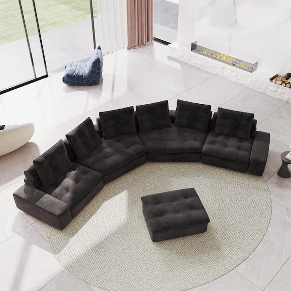 169 in. Square arm Rectangle 4-Seater Frosted Velvet Free Combination Modular Sectional Sofa with Ottoman in Gray
