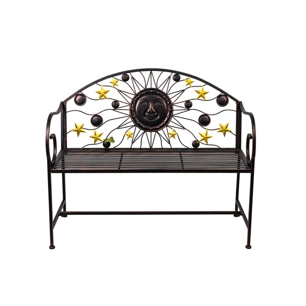 43 in. L Black Metal Outdoor Foldable Bench Sunburn Art on Backrest, Modern