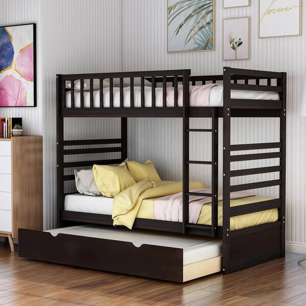 Harper & Bright Designs Espresso Twin over Twin Solid Wood Bunk Bed with Trundle