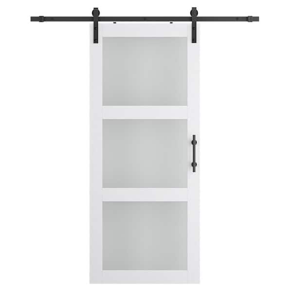 30 in. x 96 in. 3 Lite Frosted Glass White Finished MDF Sliding Barn Door with Hardware Kit
