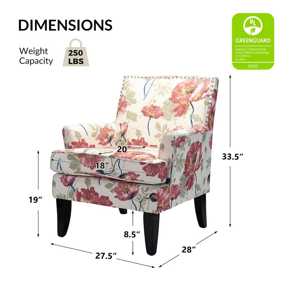 Red Floral Upholstered Accent Chair with Nailhead Trim