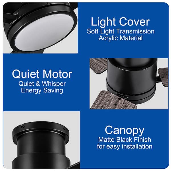 Keazile 52 in. Modern Black Ceiling Fan Downrod Mount with 3