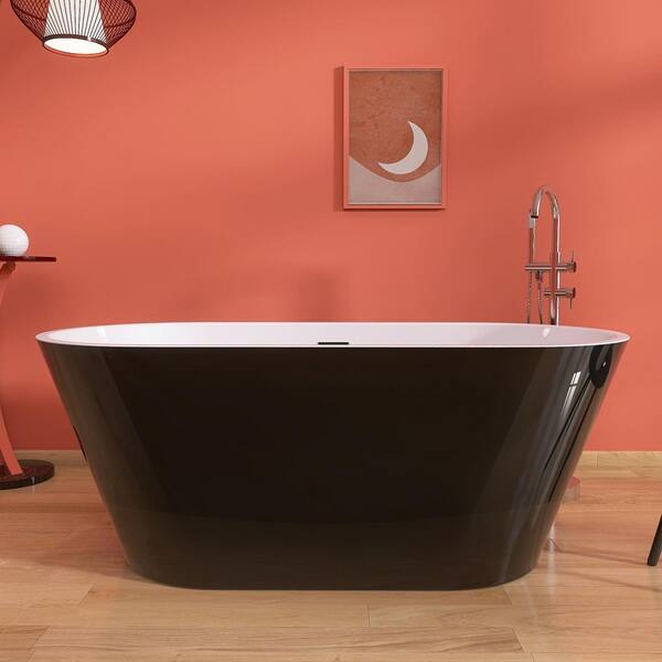 55 in. x 27.5 in. Acrylic Soaking Tub Flatbottom Free Standing Bathtub Chrome Anti-Clogging Drain in Glossy Black