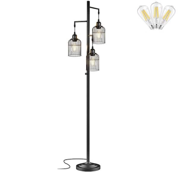 Ltemziiy 68 in. Dimmable 2-Light Black Tall Standard Floor Lamp for Living Room, with 3 Birdcage Hanging Shade (Bulbs Included)
