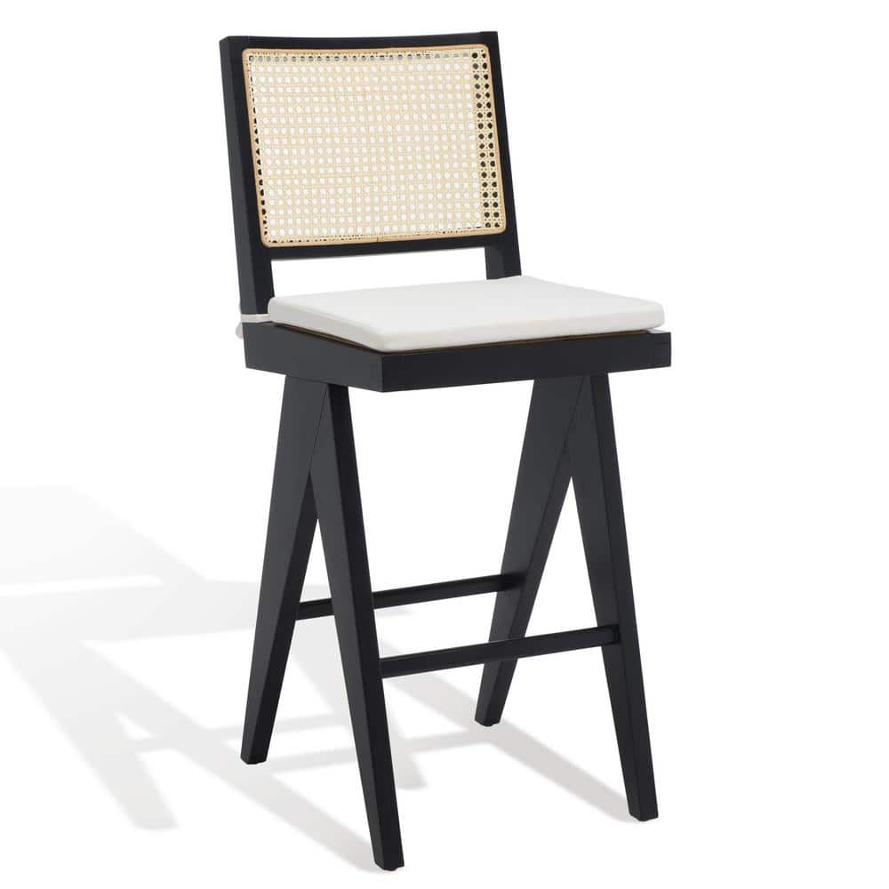 Colette Black and Natural Wood Bar Stool with Rattan Back