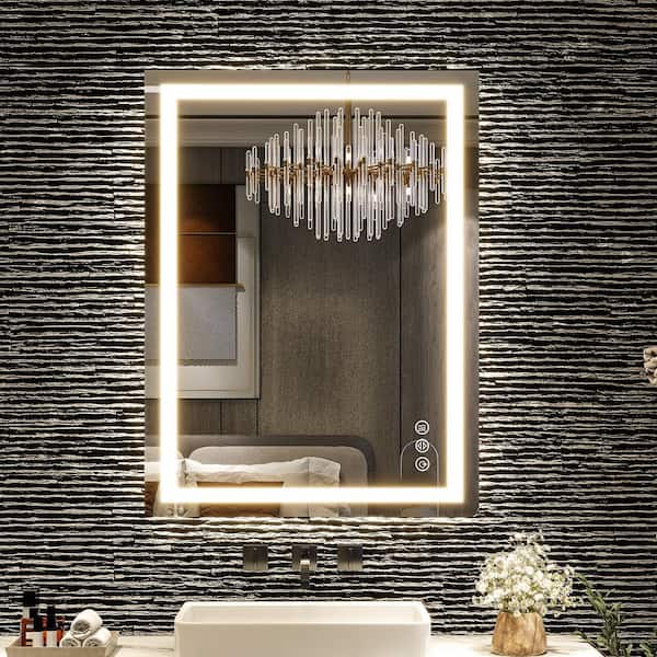 XRAMFY 24 in. W x 32 in. H LED Light Anti-Fog Rectangular Modern Frameless White Wall Mirror