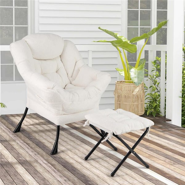 Beige Polyester Lazy Sofa Chair and Ottoman Sets with Tufted Cushions and Ottoman