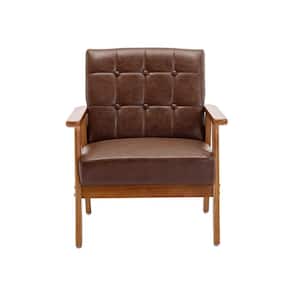 Mid-Century Upholstered Brown PU Leather Accent Arm Chair with Solid Wood Frame
