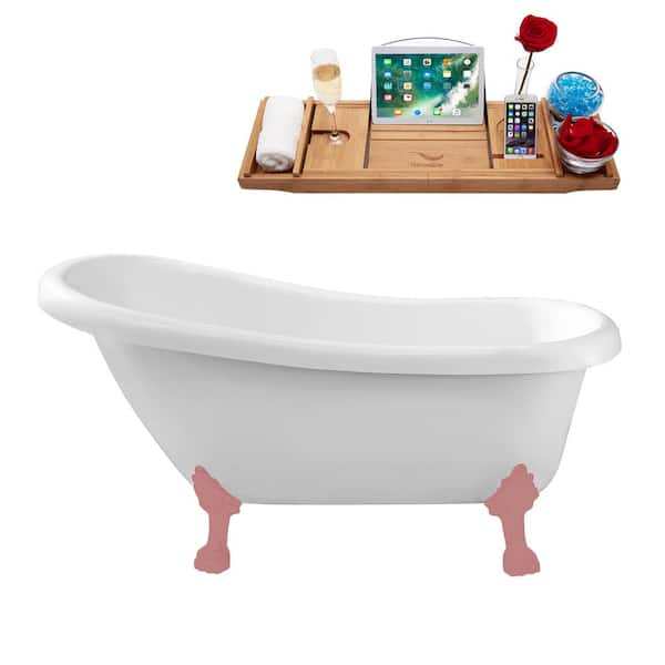 Streamline 61 in. x 27.6 in. Acrylic Clawfoot Soaking Bathtub in Glossy White with Matte Pink Clawfeet and Matte Pink Drain