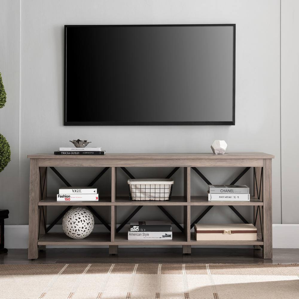 Sawyer Modern Farmhouse 58" TV Stand in Gray Oak with Black Metal Accents