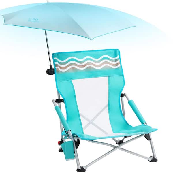 15.3 in. x 20 in. x 28 in. Portable Green Metal Beach Chair with Umbrella Hold Cup Storage Bag