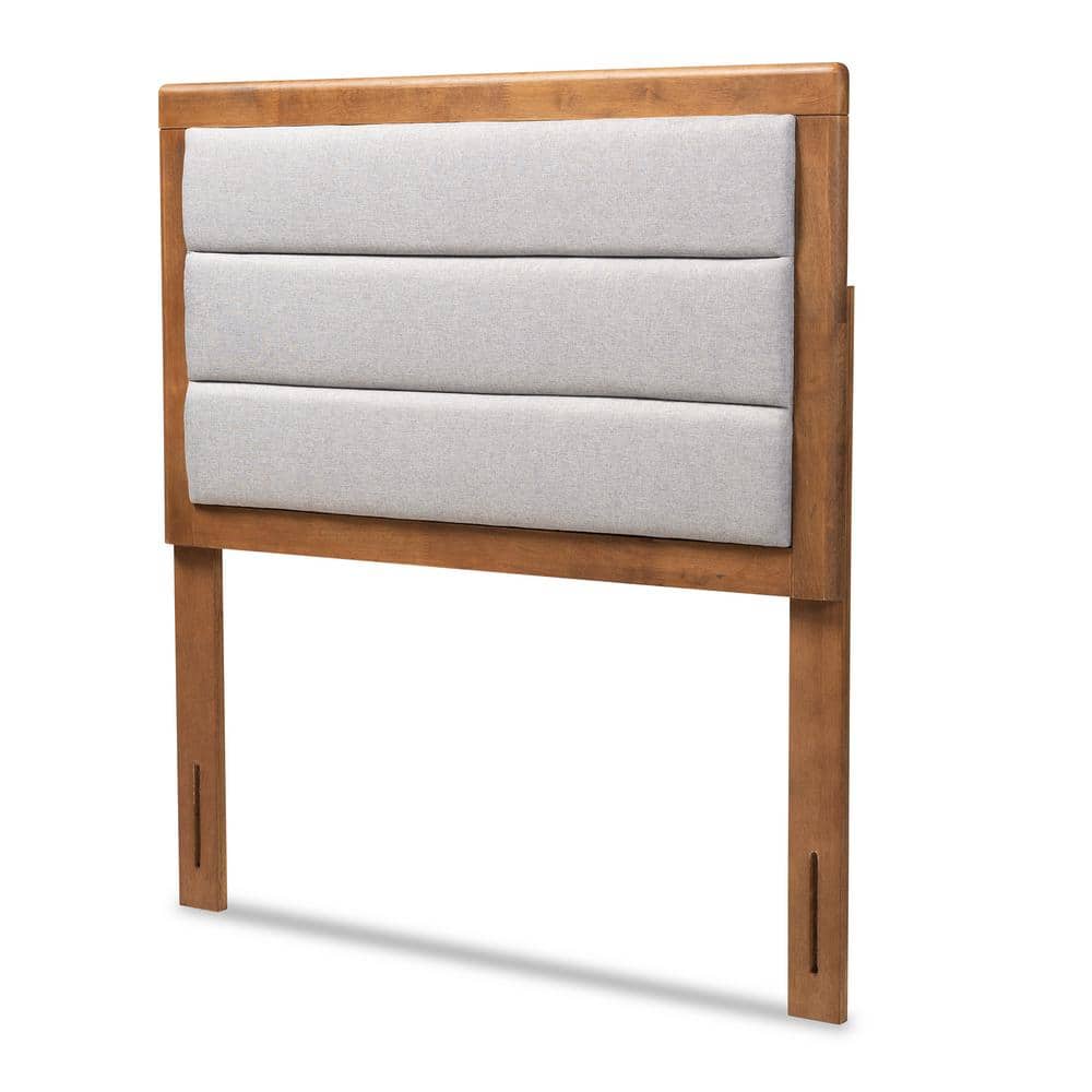 Light Gray Upholstered Twin Headboard with Walnut Wood Frame