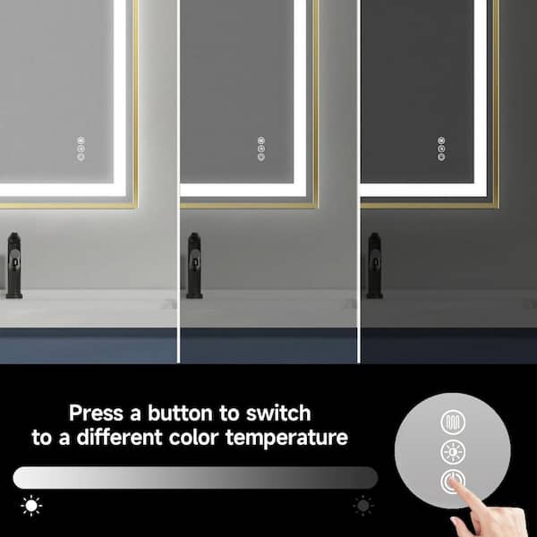 24 in. W x 36 in. H Rectangular Framed Wall Mount LED Light Bathroom Vanity Mirror in Gold