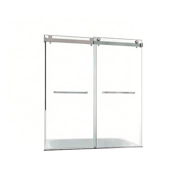 60 in. W x 66 in. H Double-Sliding Frameless Tub Door in Brushed Nickel with Clear Tempered Glass