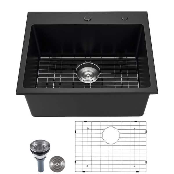 16 Gauge Black Quartz 25 in. x 22 in. Drop-In Bar Sink Kitchen Sink with Drain