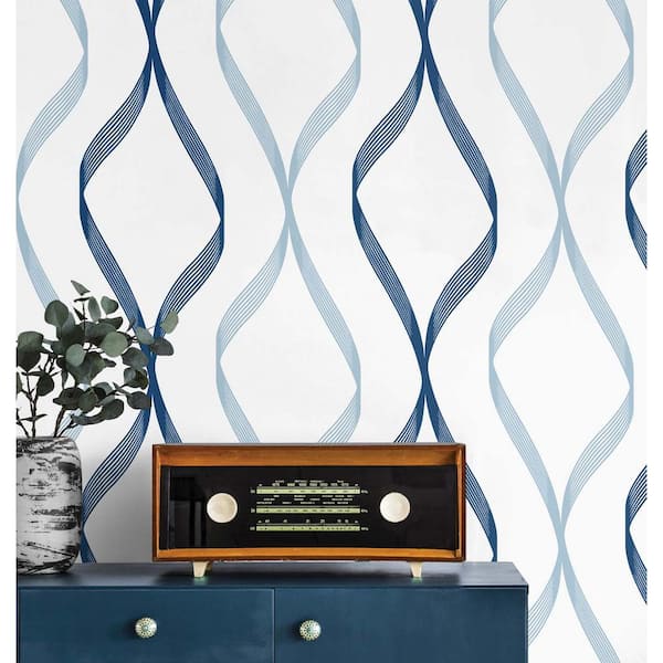 Celtic Blue and Dewdrop Ogee Ribbon Vinyl Peel and Stick Wallpaper Roll 30.75 sq. ft.