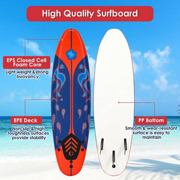 Costway 72 in. Red Surfboard Foamie Body Surfing Board W/3