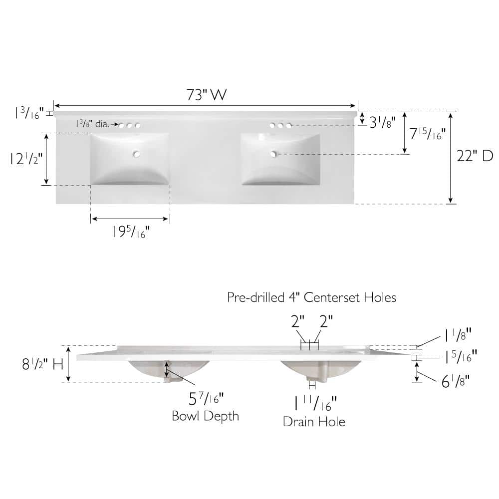 Camilla 73-Inch Solid White Cultured Marble Double Vanity Top