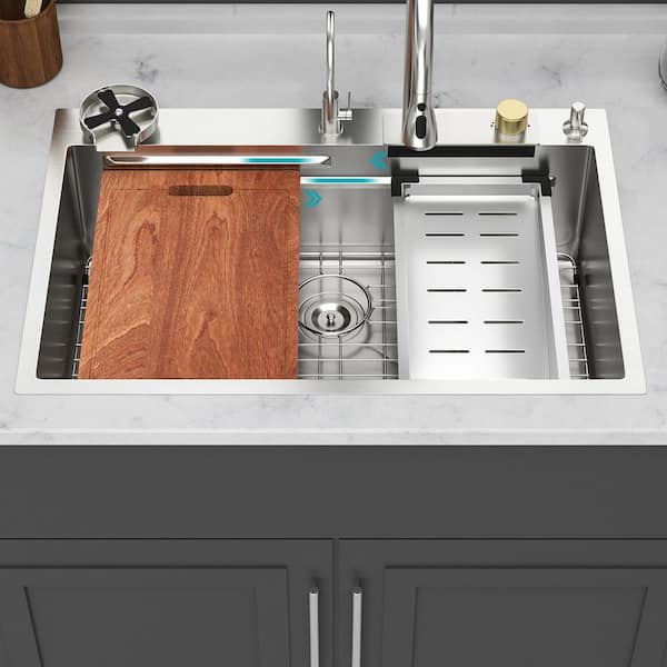 33 in. Drop-in Single Bowl 16 Gauge Brushed Nickel Stainless Steel Kitchen Sink with Pull-Out Faucet and Workstation
