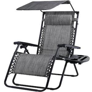 Folding Recline Steel Outdoor Lounge Chair in Gray with Canopy and Side Tray