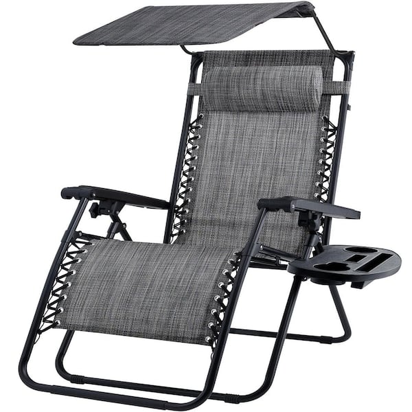 Unbranded Folding Recline Steel Outdoor Lounge Chair in Gray with Canopy and Side Tray