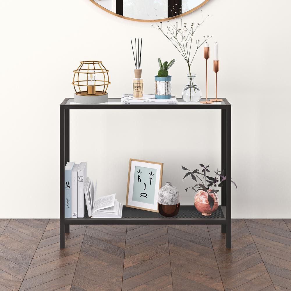Sleek Blackened Bronze & Glass Console Table with Storage Shelf