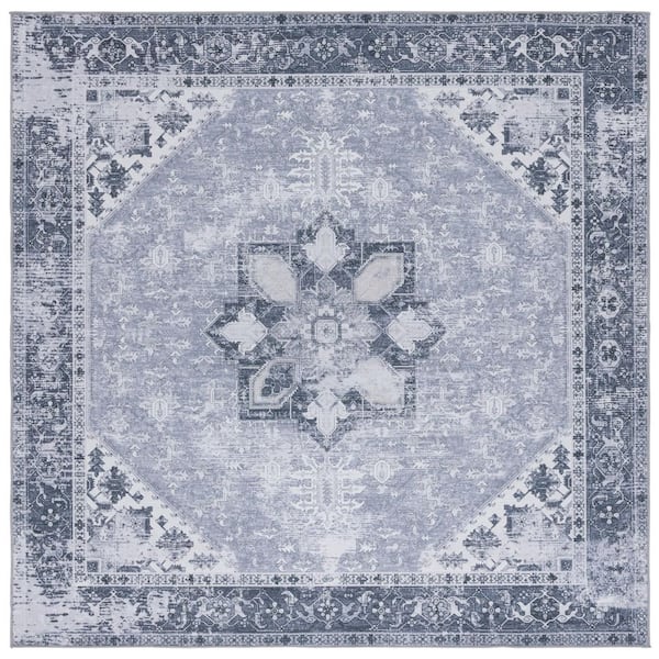 Tucson 3 ft. x 3 ft. Gray Machine Washable Distressed Ornate Border Square Area Rug