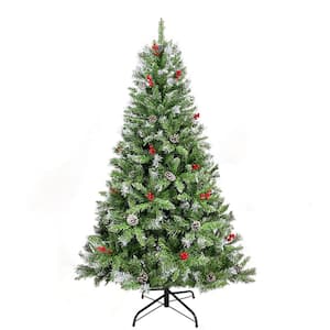 6 ft. Green Unlit Hinged Artificial Christmas Tree with Pinecones and Red Berries