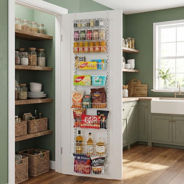 White Carbon Steel 9-Tier Over the Door Pantry Organizer Adjustable Hanging Storage Rack
