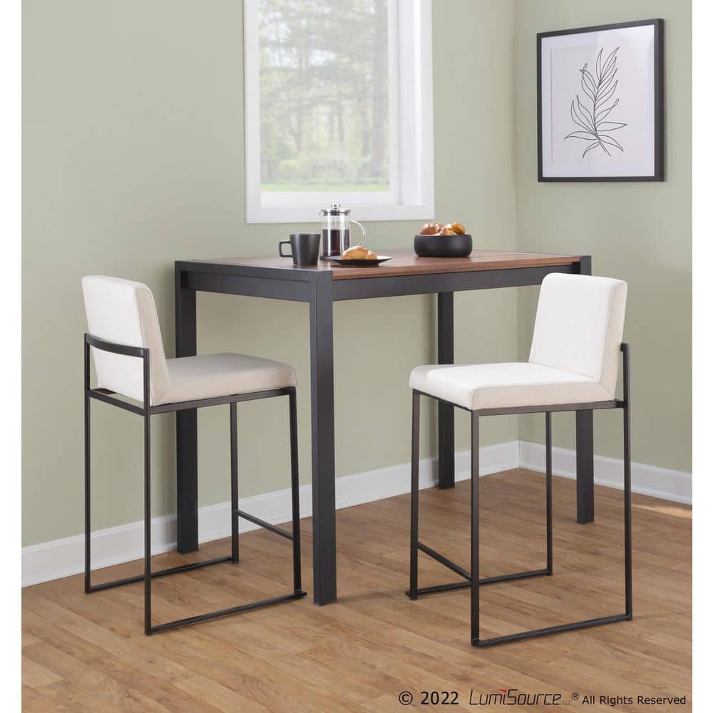 Set of 2 Beige Fabric and Black Steel High Back Counter Stools