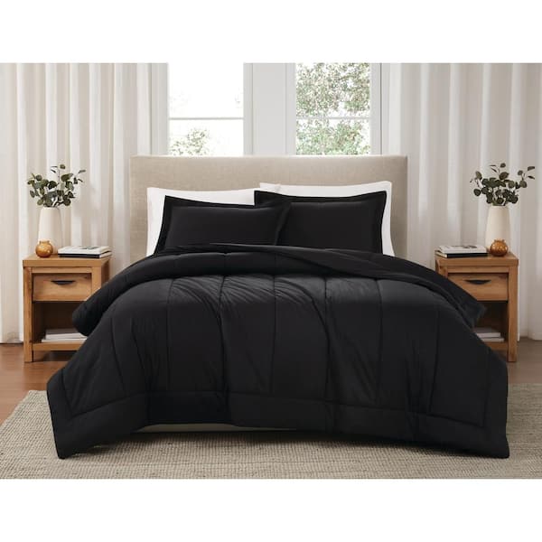 Brooklyn Loom 3-Piece Black Solid Cotton Percale Full/Queen Comforter Set