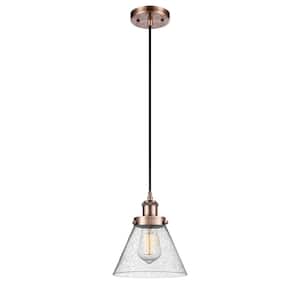 Cone 60-Watt 1 Light Antique Copper Shaded Mini Pendant Light with Seeded Glass Shade