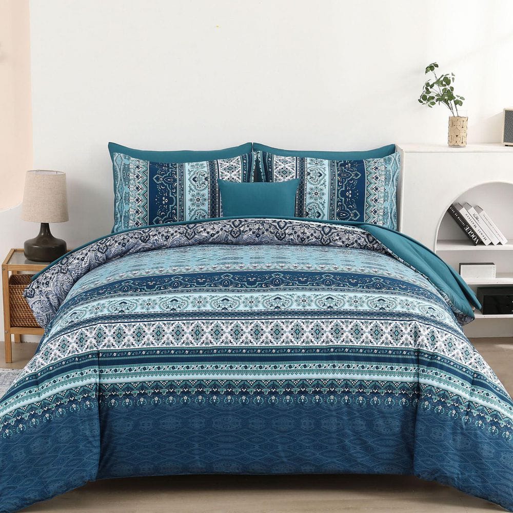 8-Pieces Queen Teal Blue Boho Comforter Set, Soft Microfiber Bedding Set fo