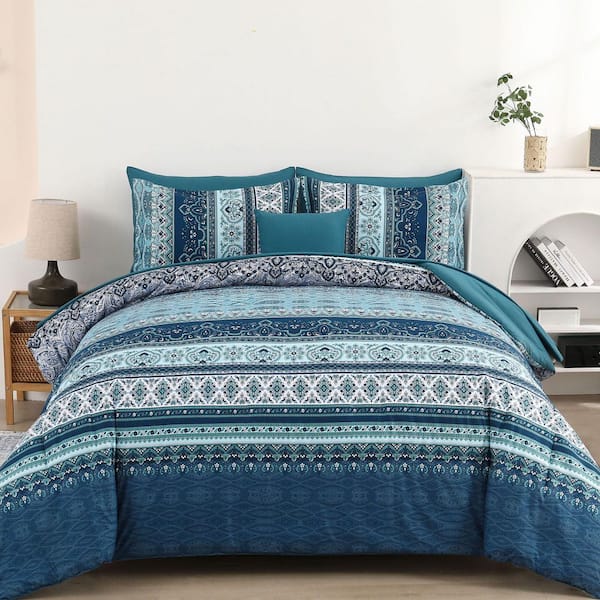 Angel Sar 8-Pieces Queen Teal Blue Boho Comforter Set, Soft Microfiber Bedding Set for All Seasons