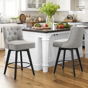 Roman 26.5 in. Gray Fabric Upholstered Solid Wood Leg Counter Height Swivel Bar Stool With Back（Set of 2）