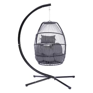 PE Wicker Outdoor Patio Folding Hanging Chaise Lounge, Hammock Egg Chair with Bracket, Gray Cushion and Stand