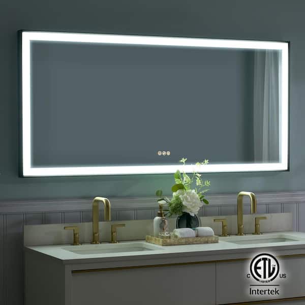 ANGELES HOME 60 in. W x 28 in. H Large Rectangular Heavy Duty Framed Wall LED Bathroom Vanity Mirror with Light in Black, Defog, Plug